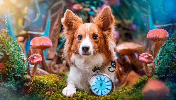 cane con un orologio in un mondo magico