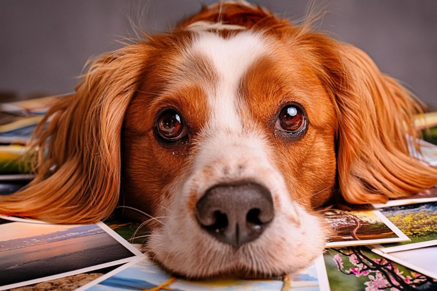 il musetto di un cane sopra a delle fotografie a indicare la memoria dei cani