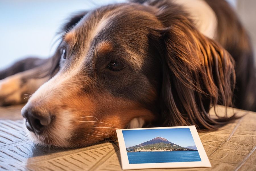 cane appoggiato su un tavolo con accanto la foto di una località turistica