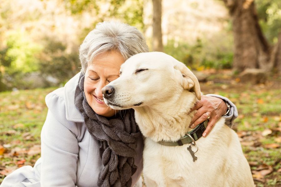 signora anziana abbraccia il suo cane senior al parco