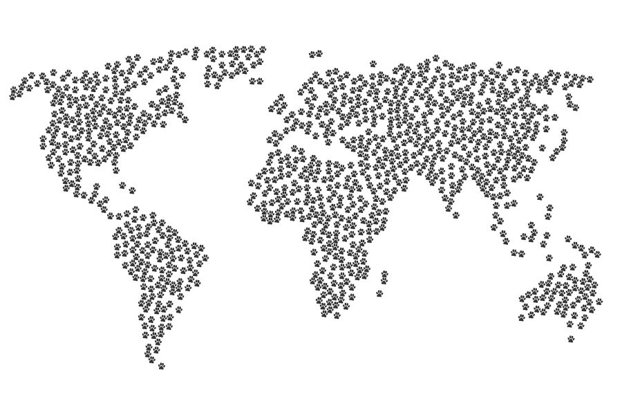 cartina del mondo dove ogni stato è disegnato con delle zampette