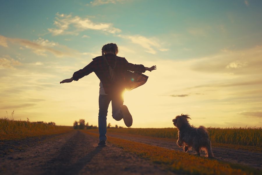 Una ragazza corre al tramonto su un campo con accanto un cane