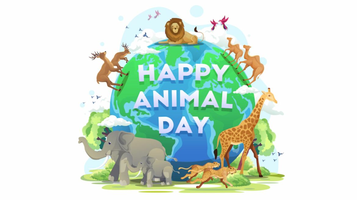 Grafica con diversi animali su sfondo bianco, all'interno la scritta World Animal Day, Giornata Mondiale degli Animali