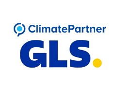 Logo GLS con la scritta GLS in blu seguita da un punto giallo. Sopra la scritta Climate partner in blu, preceduta da un piccolo cerchio azzurro avvolto da un cerchio più sottile di colore blu.