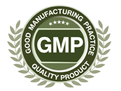 Logo GMP Good manufacturing practice, composto da una grafica con le scritte all’interno nei toni del verde, sostenuta da due foglie di alloro