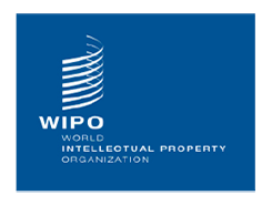 Logo Wipo, composto da un rettangolo blu con all’interno un logo con 7 righe bianche ondulate e la scritta Wipo World Intellectual Property Organization