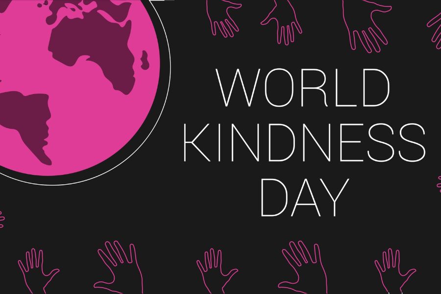 Grafica con scritto World Kindness Day - Giornata Mondiale della Gentilezza, accanto il disegno di un mondo e di mani, tutto rosa vivo su sfondo nero